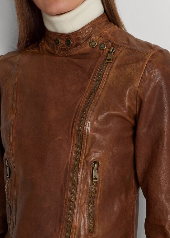 mørk valnød Kvinder Ralph Lauren motojakke i poleret læder Z426B4830