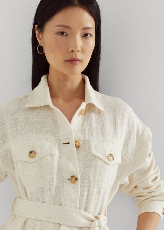 mascarpone creme Kvinder Ralph Lauren skjortejakke i sildeben med bælte Z426B4438