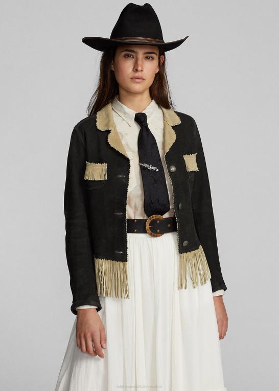 sort/creme Kvinder Ralph Lauren ruskindsjakke med frynser Z426B3632