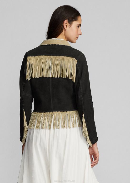sort/creme Kvinder Ralph Lauren ruskindsjakke med frynser Z426B3632