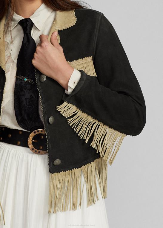 sort/creme Kvinder Ralph Lauren ruskindsjakke med frynser Z426B3632