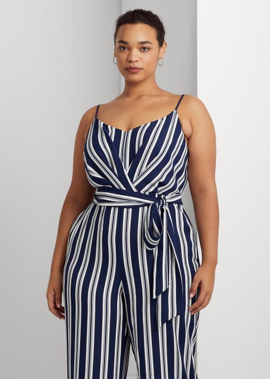 marineblå/hvid Kvinder Ralph Lauren stribet crepe jumpsuit med bælte Z426B4812