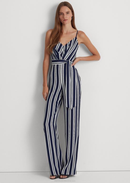 marineblå/hvid Kvinder Ralph Lauren stribet crepe jumpsuit med bælte Z426B4858