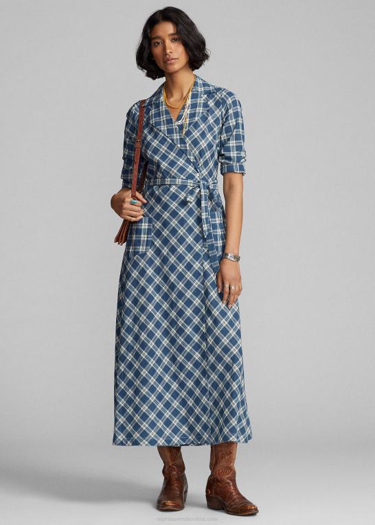 blå/creme Kvinder Ralph Lauren omslagskjole i plaid bomuldsvoile Z426B3655