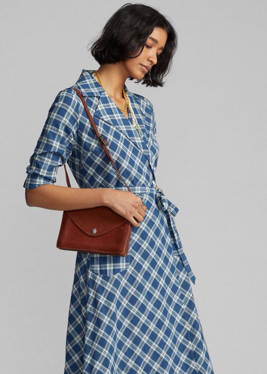 blå/creme Kvinder Ralph Lauren omslagskjole i plaid bomuldsvoile Z426B3655