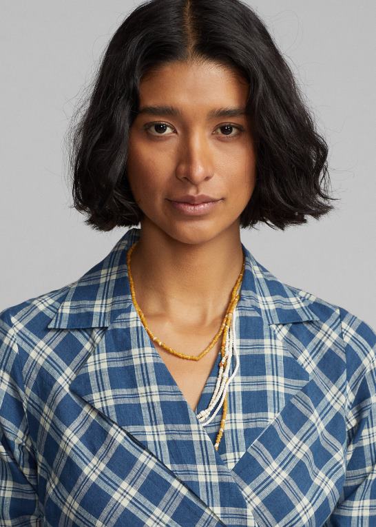 blå/creme Kvinder Ralph Lauren omslagskjole i plaid bomuldsvoile Z426B3655