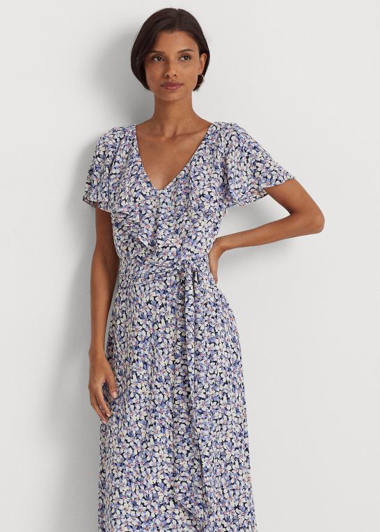 blå/creme/pink Kvinder Ralph Lauren blomstret boble crepe kjole med bælte Z426B4098