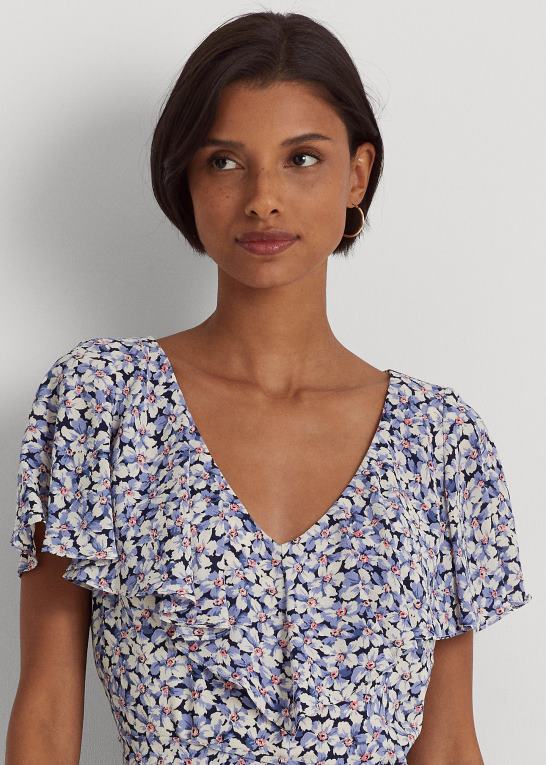 blå/creme/pink Kvinder Ralph Lauren blomstret boble crepe kjole med bælte Z426B4098