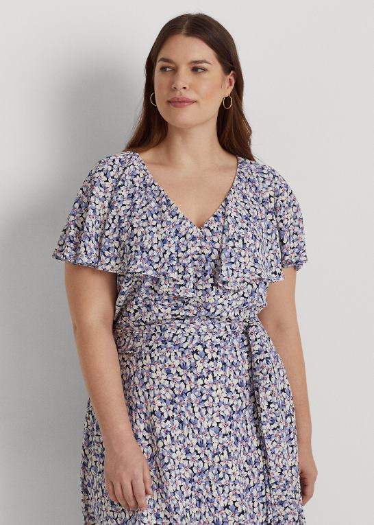 blå/creme/pink Kvinder Ralph Lauren blomstret boble crepe kjole med bælte Z426B4633