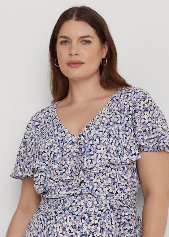 blå/creme/pink Kvinder Ralph Lauren blomstret boble crepe kjole med bælte Z426B4633