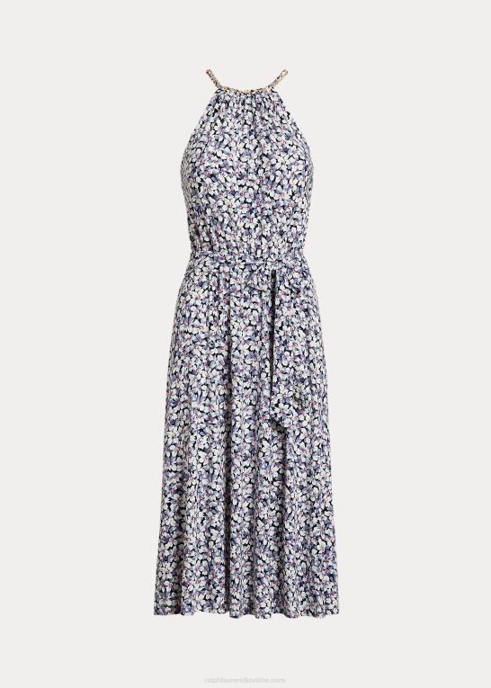 blå/creme/pink Kvinder Ralph Lauren blomstret jersey grimekjole med bælte Z426B4101