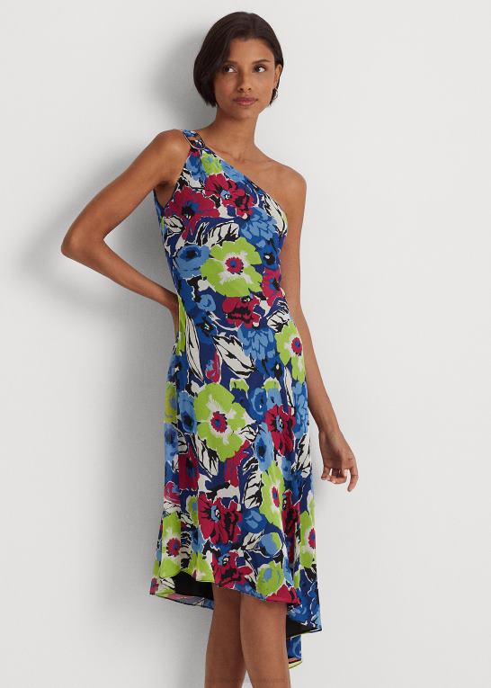 blå/grøn multi Kvinder Ralph Lauren blomstret georgette en-skulder kjole Z426B3924