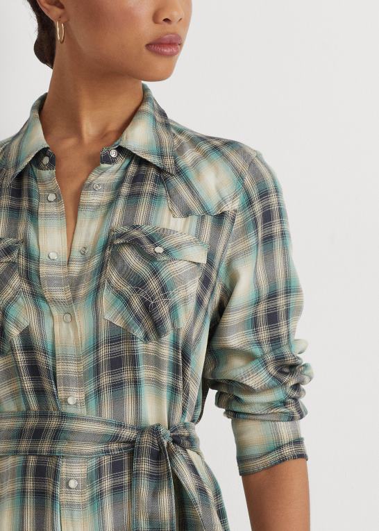 blå/grøn multi Kvinder Ralph Lauren plaid twill skjortekjole Z426B4902