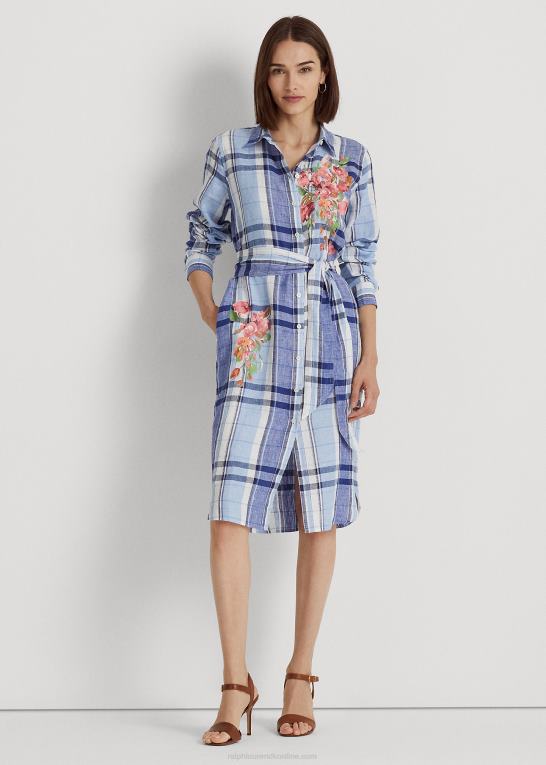 blå/hvid Kvinder Ralph Lauren blomstret og plaid skjortekjole i hør Z426B4034