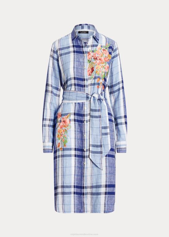 blå/hvid Kvinder Ralph Lauren blomstret og plaid skjortekjole i hør Z426B4034