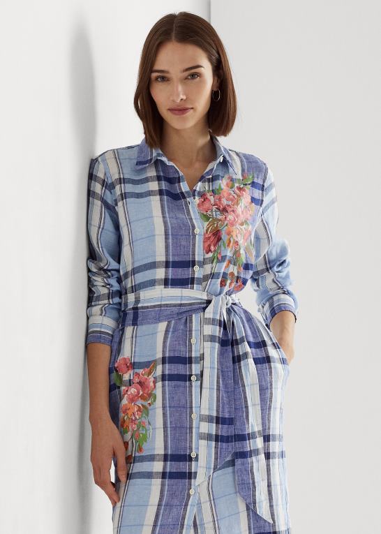 blå/hvid Kvinder Ralph Lauren blomstret og plaid skjortekjole i hør Z426B4034