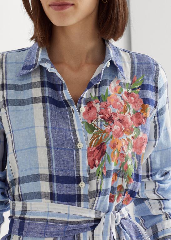 blå/hvid Kvinder Ralph Lauren blomstret og plaid skjortekjole i hør Z426B4034