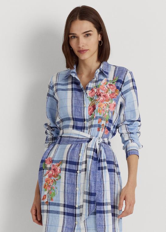 blå/hvid Kvinder Ralph Lauren blomstret og plaid skjortekjole i hør Z426B4034