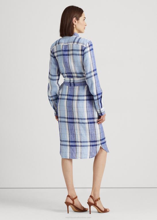 blå/hvid Kvinder Ralph Lauren blomstret og plaid skjortekjole i hør Z426B4455