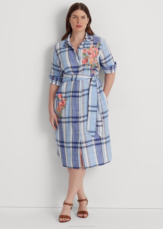 blå/hvid Kvinder Ralph Lauren blomstret og plaid skjortekjole i hør Z426B4648