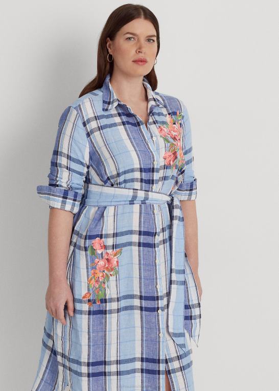blå/hvid Kvinder Ralph Lauren blomstret og plaid skjortekjole i hør Z426B4648