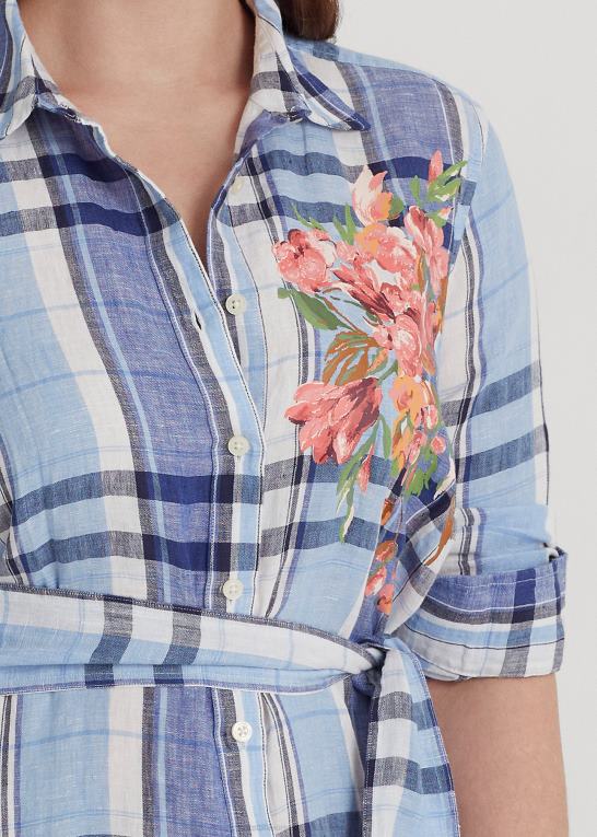 blå/hvid Kvinder Ralph Lauren blomstret og plaid skjortekjole i hør Z426B4648