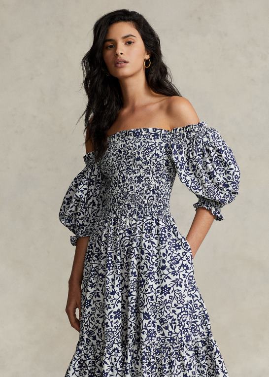 blæk blomsterprint Kvinder Ralph Lauren blomstret bomuldskjole med blousonærmer Z426B3071