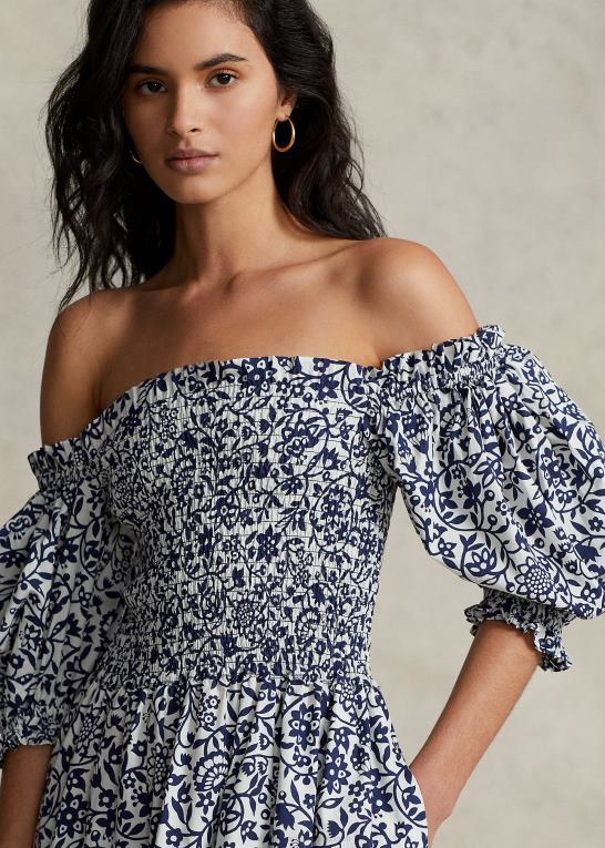 blæk blomsterprint Kvinder Ralph Lauren blomstret bomuldskjole med blousonærmer Z426B3071