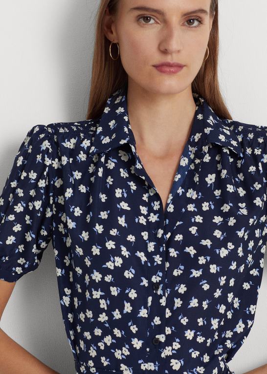 blå multi Kvinder Ralph Lauren blomstret crepe skjortekjole med pufærmer Z426B4398