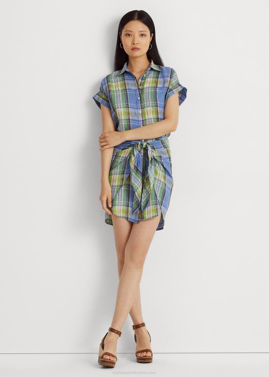 blå multi Kvinder Ralph Lauren plaid skjortekjole i linned foran Z426B3860