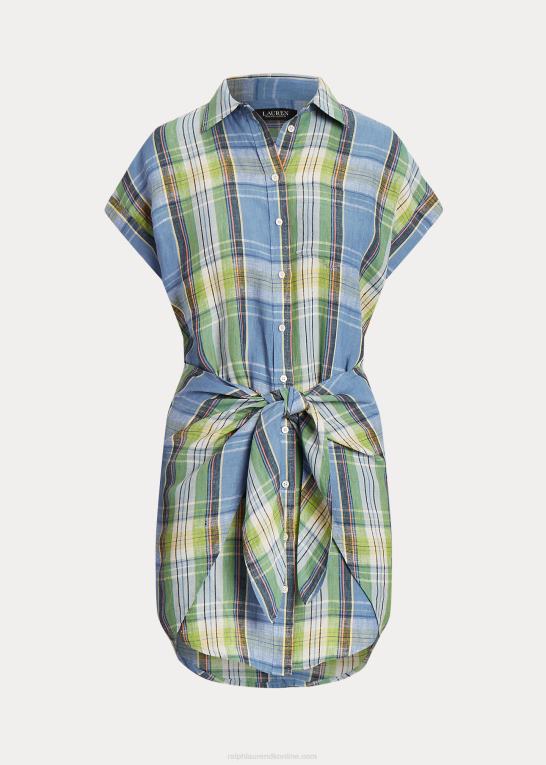 blå multi Kvinder Ralph Lauren plaid skjortekjole i linned foran Z426B4326