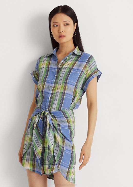 blå multi Kvinder Ralph Lauren plaid skjortekjole i linned foran Z426B4326
