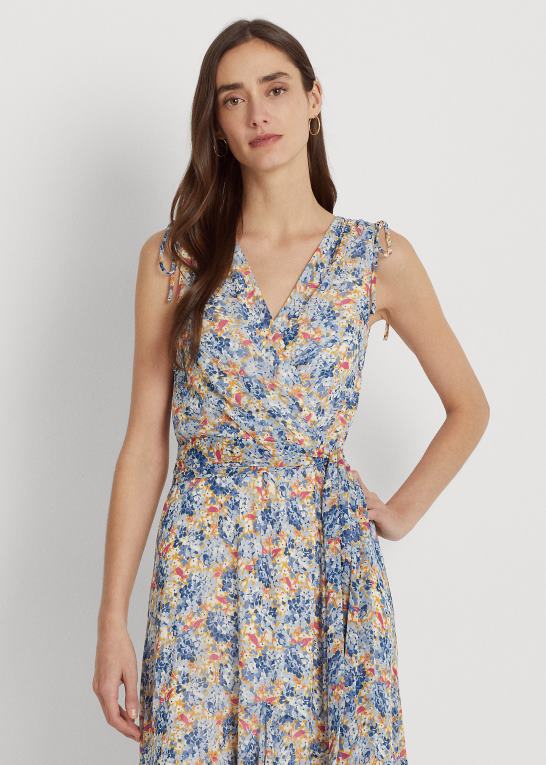blå/pink multi Kvinder Ralph Lauren blomstret krinkle georgette kjole med bælte Z426B4103