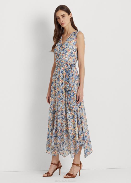 blå/pink multi Kvinder Ralph Lauren blomstret krinkle georgette kjole med bælte Z426B4103