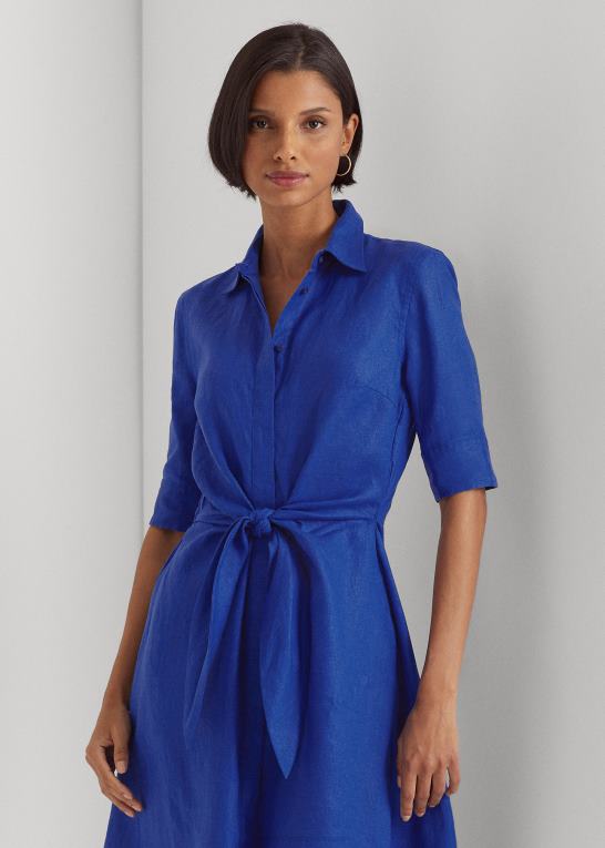 blå saturn Kvinder Ralph Lauren skjortekjole i linned foran Z426B3841