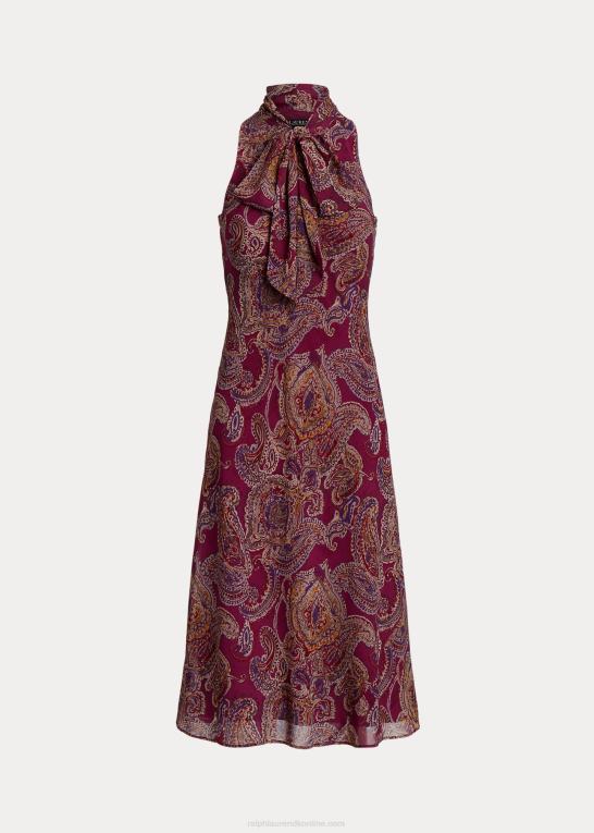 bordeaux multi Kvinder Ralph Lauren Paisley crinkle georgette kjole med slips Z426B4278