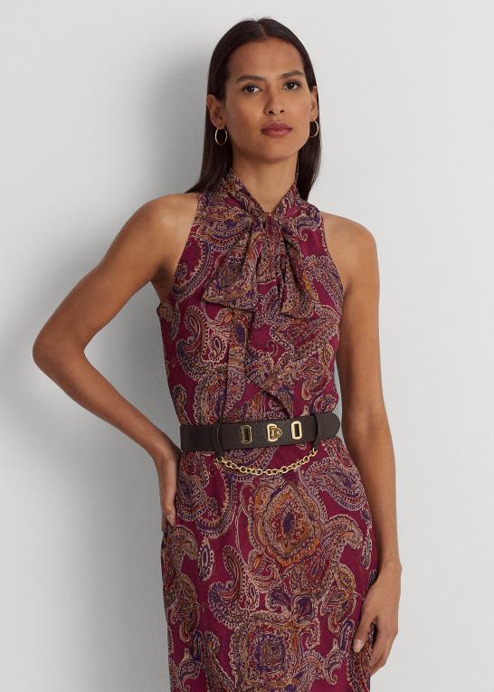 bordeaux multi Kvinder Ralph Lauren Paisley crinkle georgette kjole med slips Z426B4278