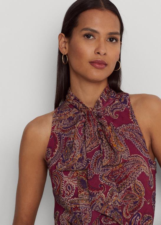 bordeaux multi Kvinder Ralph Lauren Paisley crinkle georgette kjole med slips Z426B4278