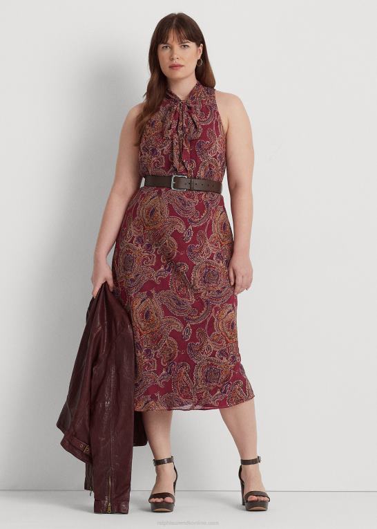 bordeaux multi Kvinder Ralph Lauren Paisley crinkle georgette kjole med slips Z426B4497