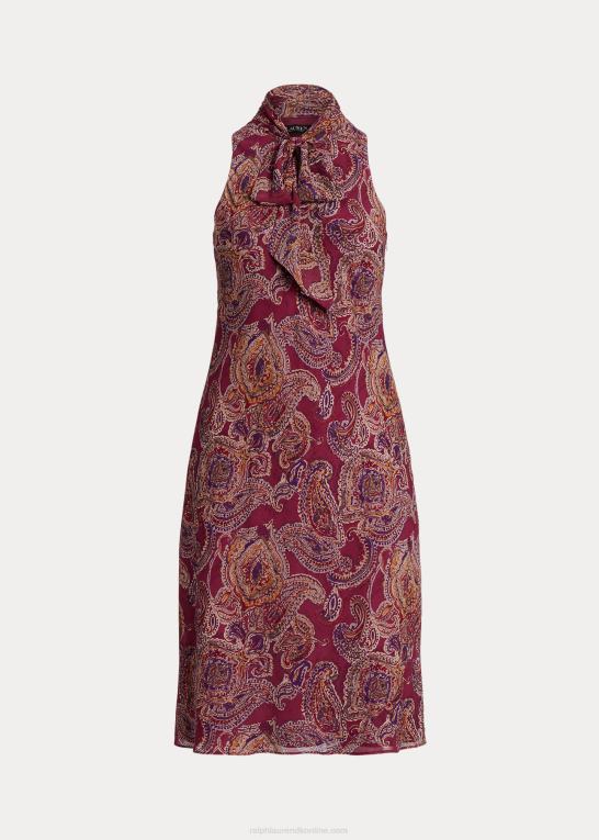 bordeaux multi Kvinder Ralph Lauren Paisley crinkle georgette kjole med slips Z426B4497