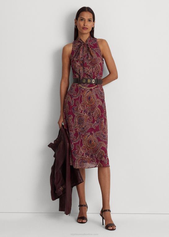 bordeaux multi Kvinder Ralph Lauren Paisley crinkle georgette kjole med slips Z426B9156