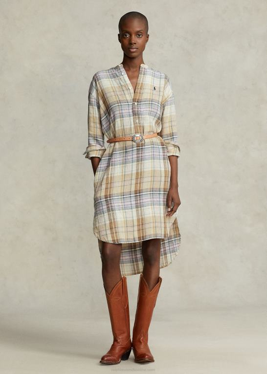 brun multi plaid Kvinder Ralph Lauren skjortekjole i plaid hør Z426B2962