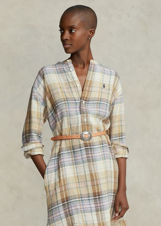 brun multi plaid Kvinder Ralph Lauren skjortekjole i plaid hør Z426B2962