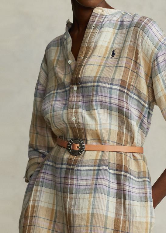 brun multi plaid Kvinder Ralph Lauren skjortekjole i plaid hør Z426B2962
