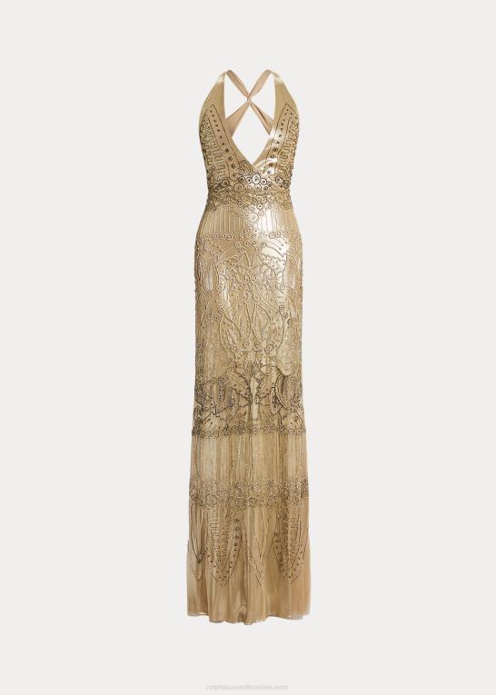 champagne Kvinder Ralph Lauren briony udsmykket aftenkjole i tyl Z426B3563