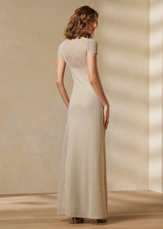champagne Kvinder Ralph Lauren kortærmet aftenkjole i mesh Z426B3523
