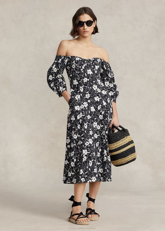 creme lilje på sort Kvinder Ralph Lauren blomstret off-the-shoulder kjole i hør Z426B2976