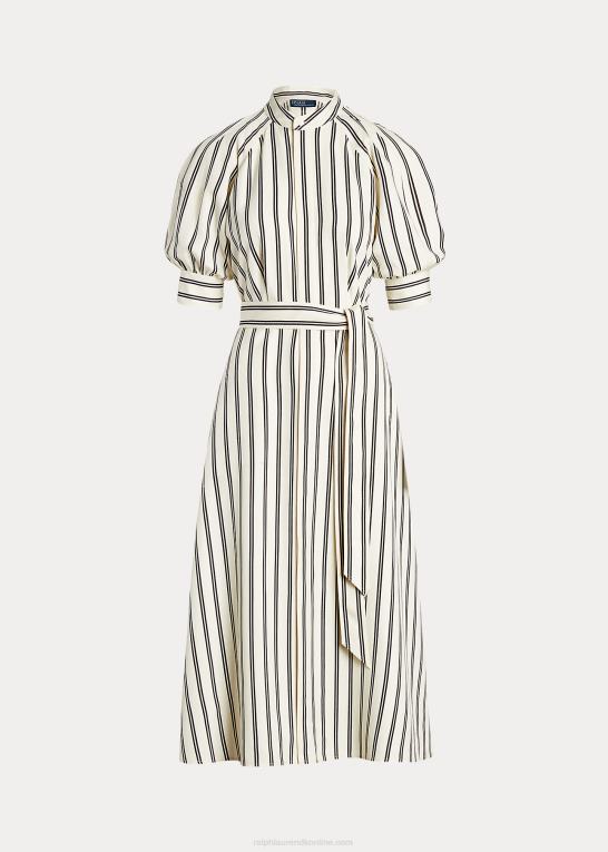 creme/sort stribe Kvinder Ralph Lauren stribet morbær silke kjole Z426B2973