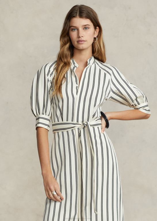 creme/sort stribe Kvinder Ralph Lauren stribet morbær silke kjole Z426B2973