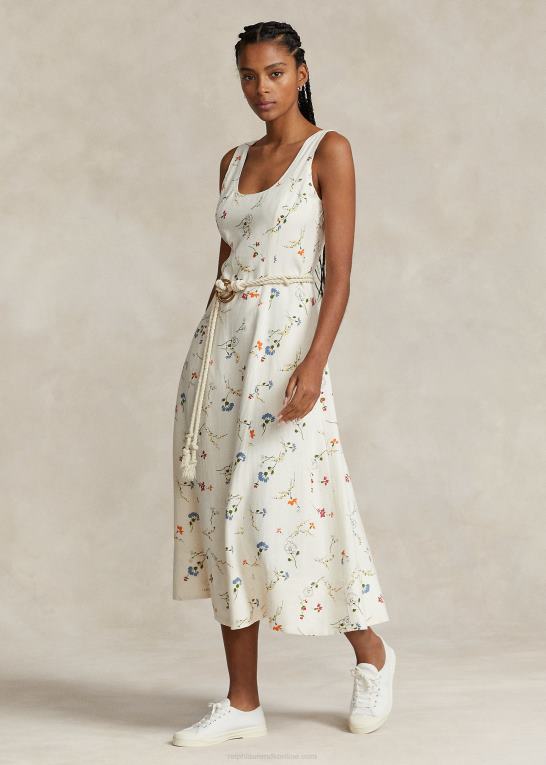 farveskitse blomstret Kvinder Ralph Lauren ærmeløs kjole i hør Z426B3372